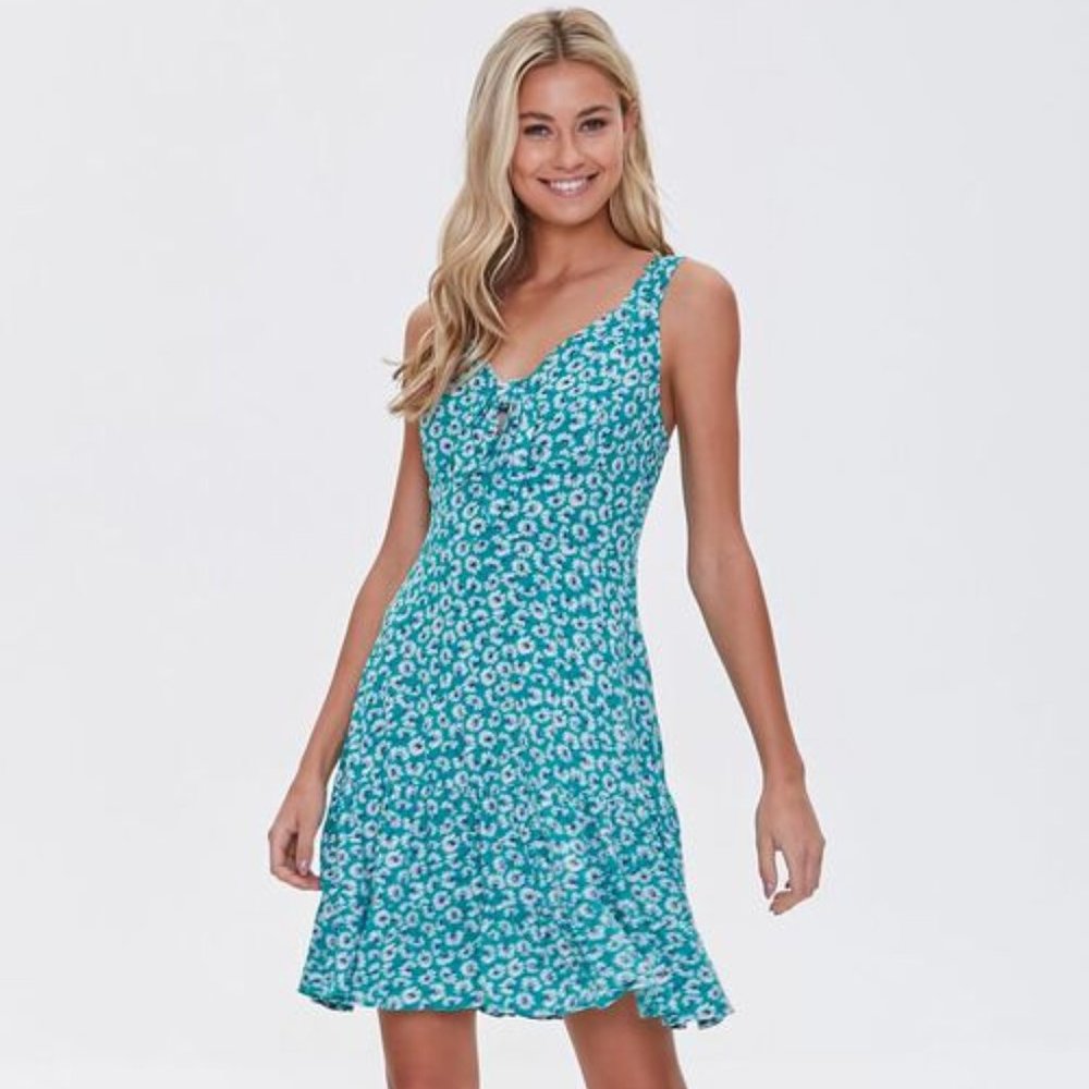 Forever 21 Daisy Print Fit & Flare Dress Green Multi Size Large